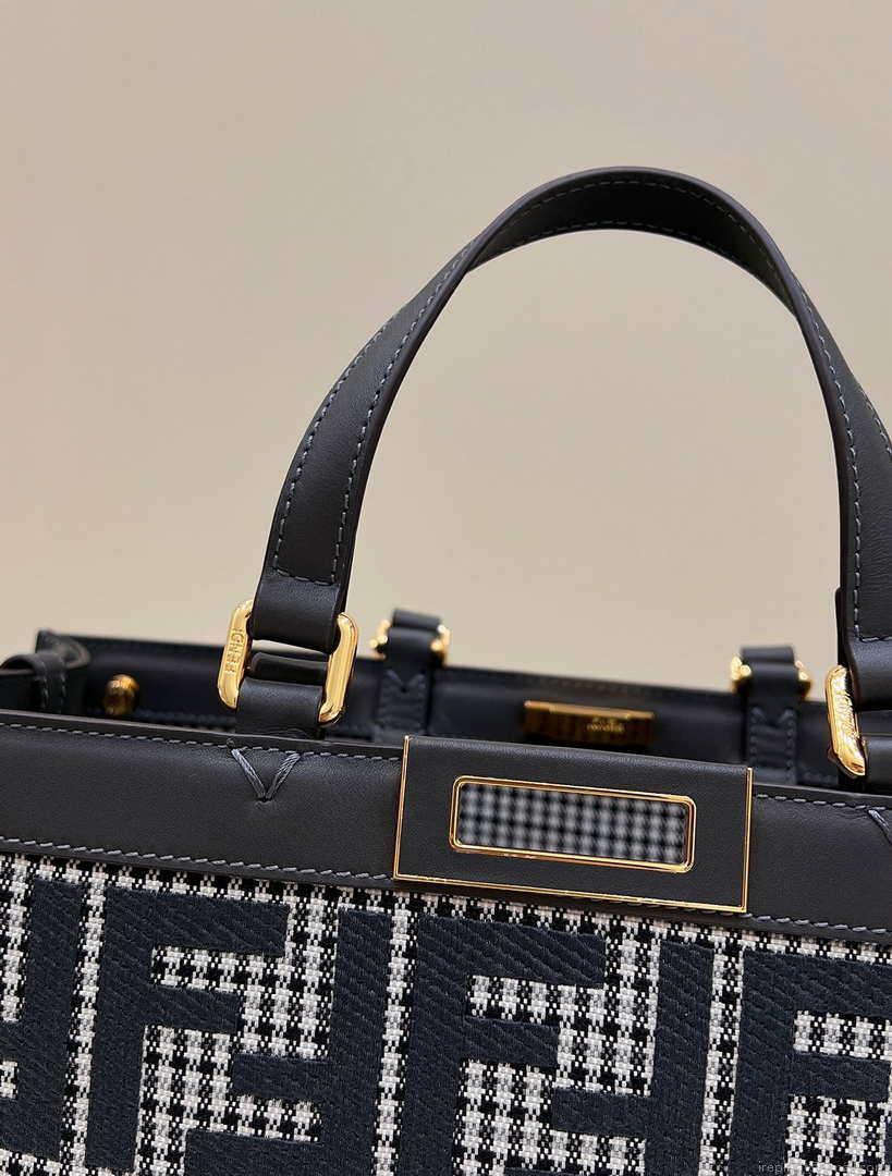 Fendi 8BH374 X-Tote Gray houndstooth wool shopper with FF embroidery