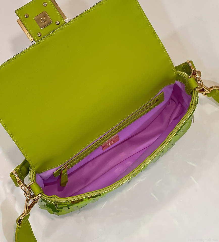 Fendi 8BR600 Medium Baguette Acid green sequin and leather bag 8601