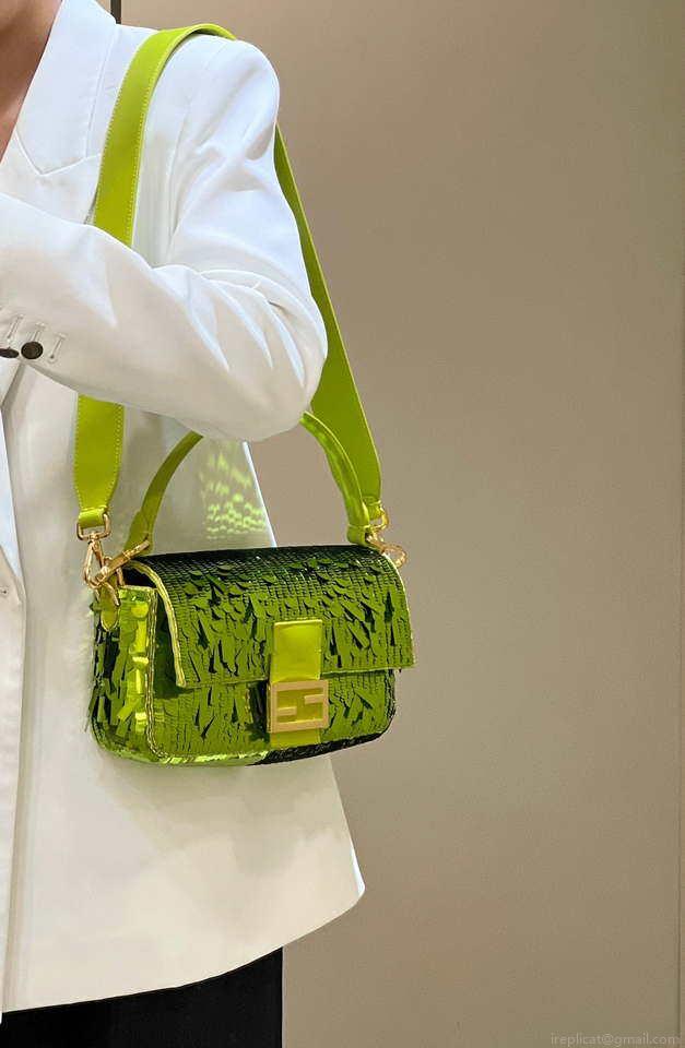 Fendi 8BR600 Medium Baguette Acid green sequin and leather bag 8601