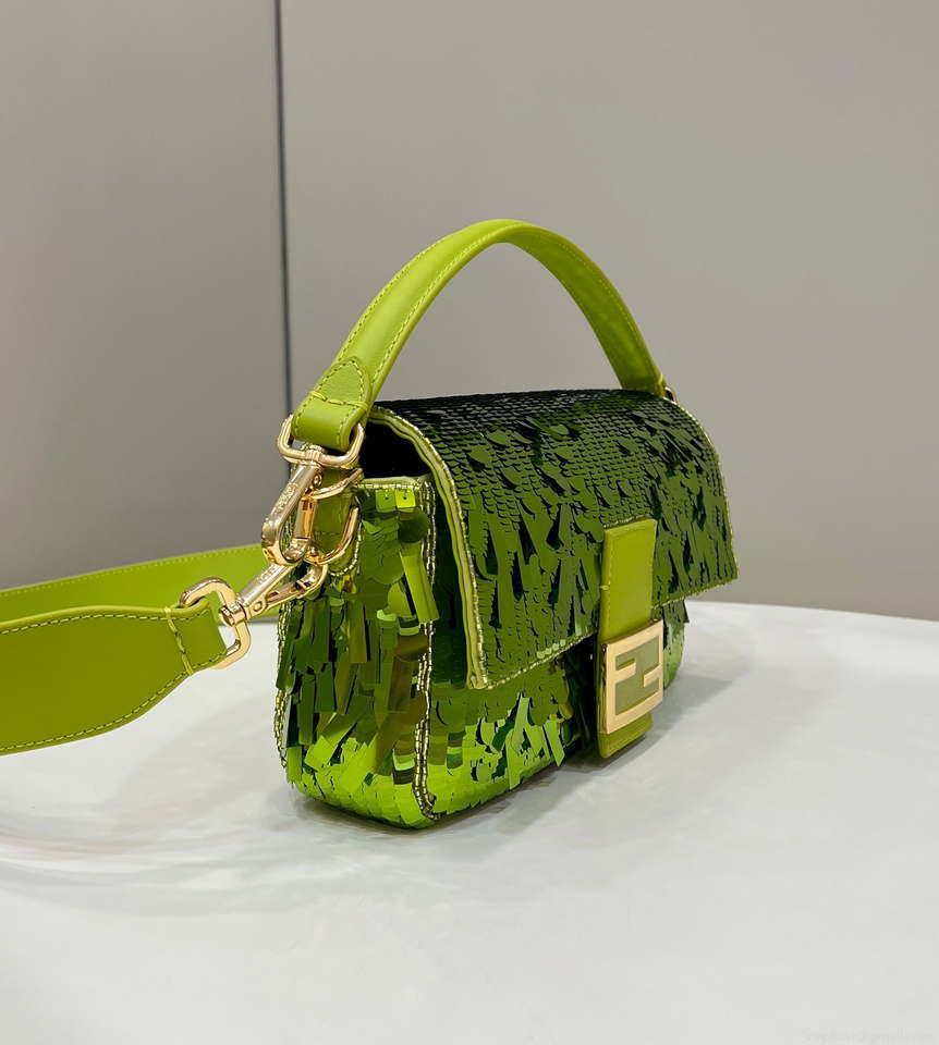 Fendi 8BR600 Medium Baguette Acid green sequin and leather bag 8601