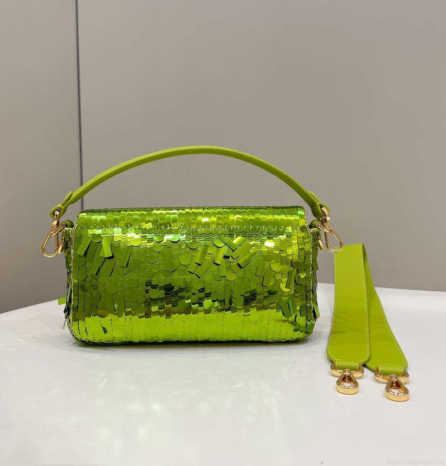 Fendi 8BR600 Medium Baguette Acid green sequin and leather bag 8601