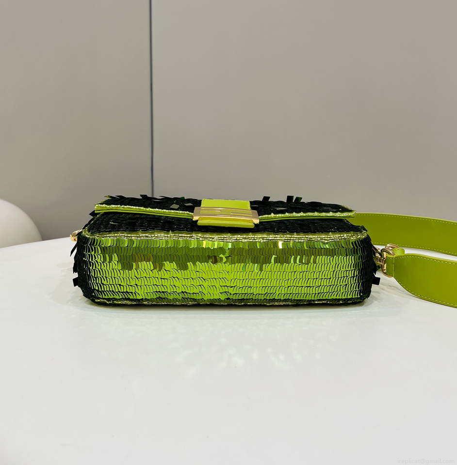 Fendi 8BR600 Medium Baguette Acid green sequin and leather bag 8601