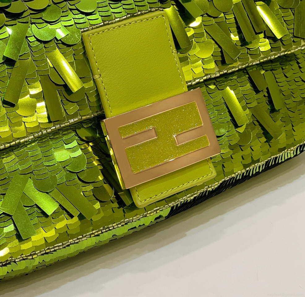 Fendi 8BR600 Medium Baguette Acid green sequin and leather bag 8601