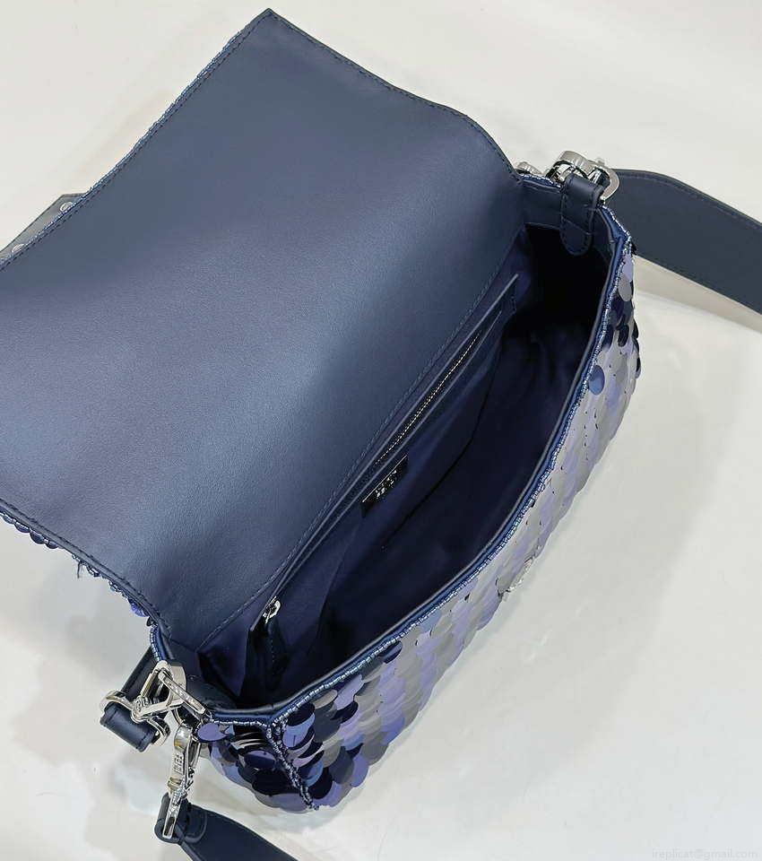 Fendi 8BR600 Medium Baguette Dark and mid blue sequin and leather bag 8601