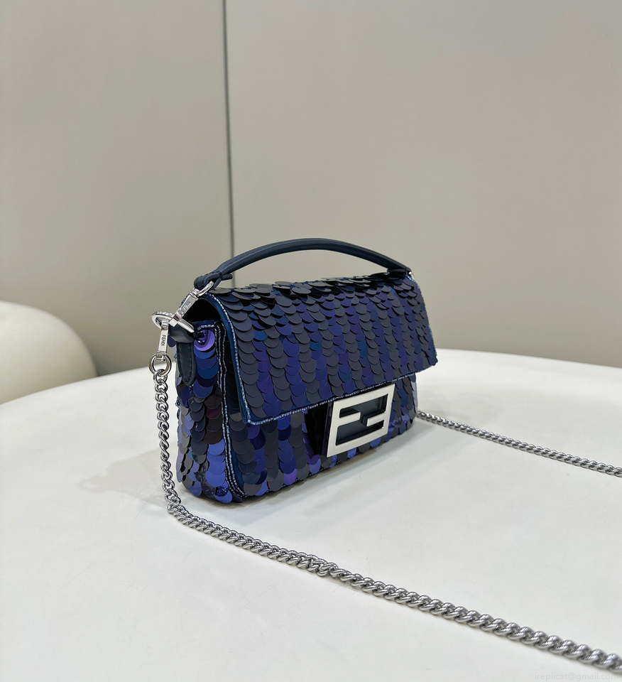 Fendi 8BS017 Mini Baguette Dark and mid blue sequin and leather bag 8601s