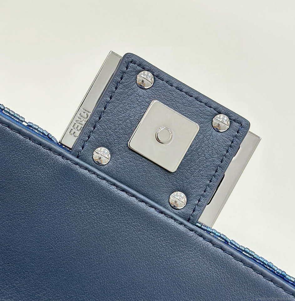 Fendi 8BS017 Mini Baguette Dark and mid blue sequin and leather bag 8601s