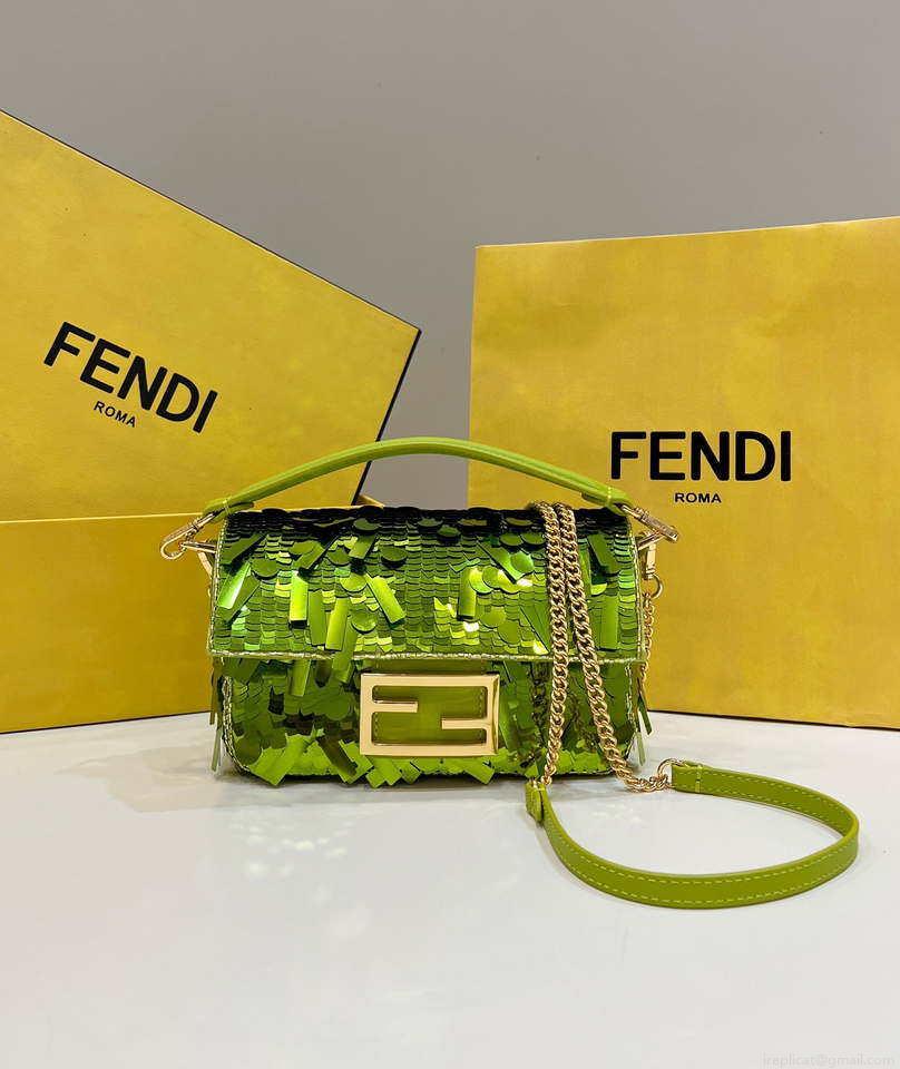 Fendi 8BS017 Mini Baguette Acid green sequin and leather bag 8601s