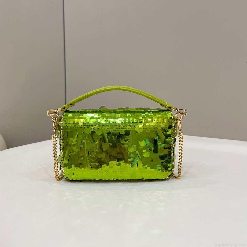 Fendi 8BS017 Mini Baguette Acid green sequin and leather bag 8601s