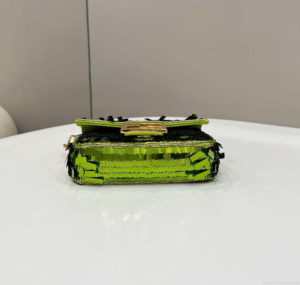 Fendi 8BS017 Mini Baguette Acid green sequin and leather bag 8601s
