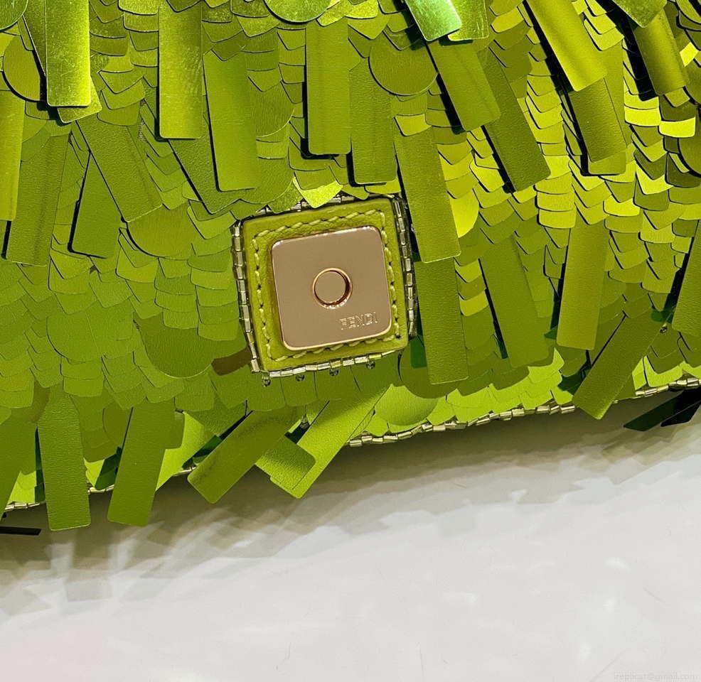 Fendi 8BS017 Mini Baguette Acid green sequin and leather bag 8601s