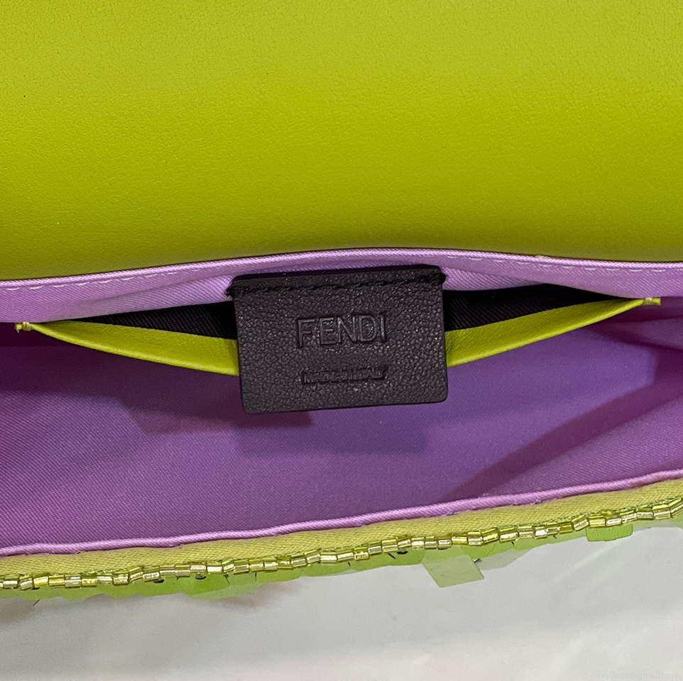 Fendi 8BS017 Mini Baguette Acid green sequin and leather bag 8601s