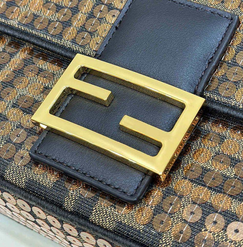 Fendi 8BR600 Medium Baguette Brown FF jacquard fabric bag with sequins