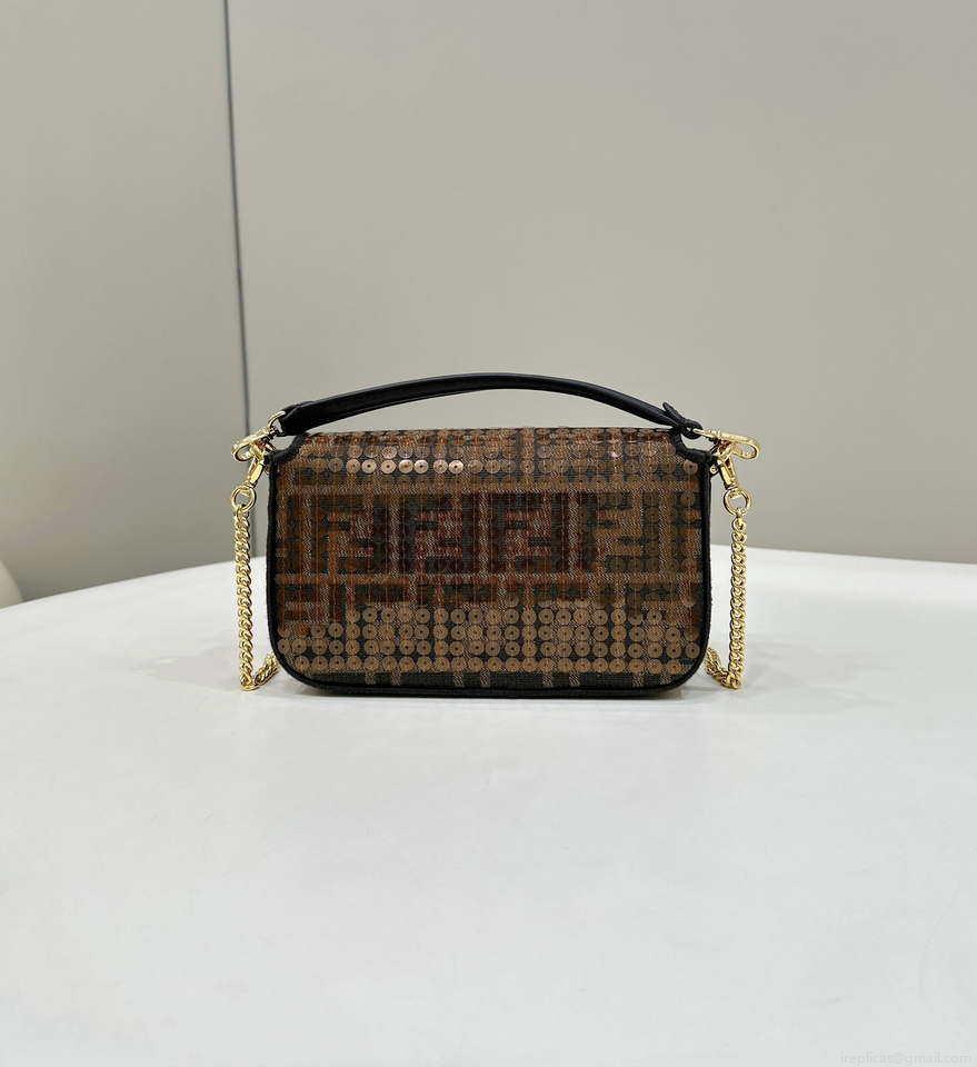 Fendi 8BS017 Mini Baguette Brown FF jacquard fabric bag with sequins