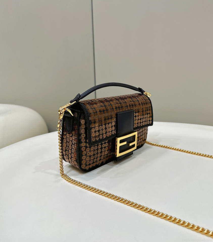 Fendi 8BS017 Mini Baguette Brown FF jacquard fabric bag with sequins