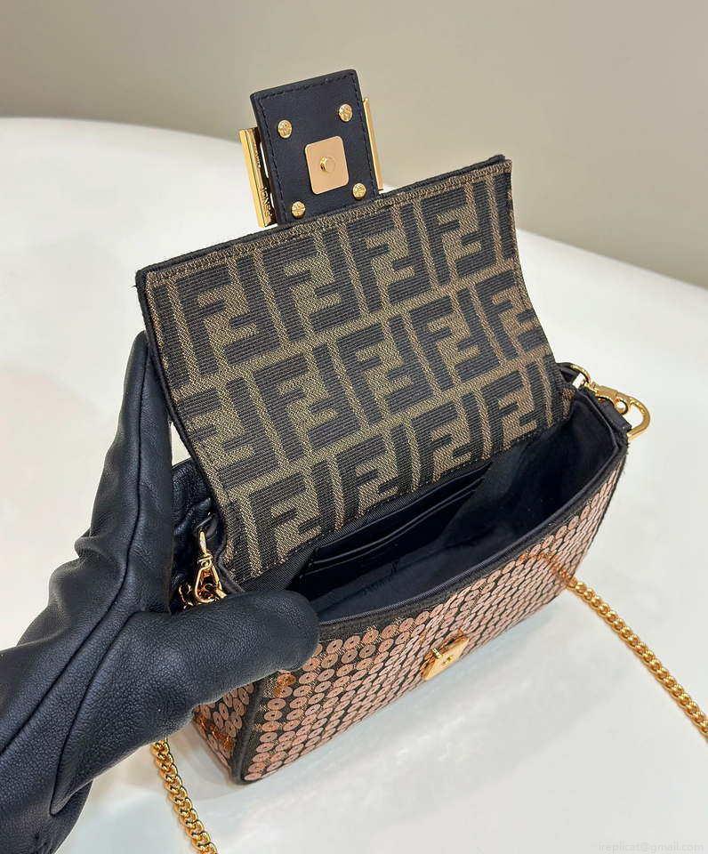 Fendi 8BS017 Mini Baguette Brown FF jacquard fabric bag with sequins