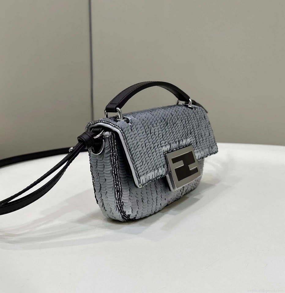 Fendi 8BS017 Mini Baguette Silver sequin and leather bag 8601s