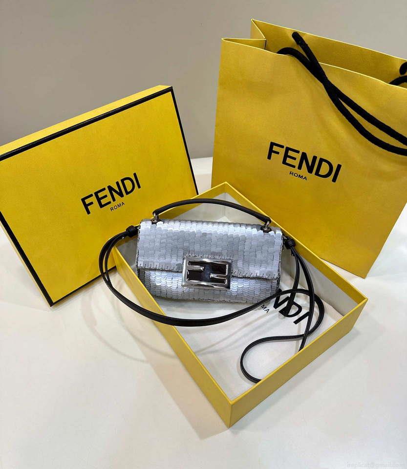 Fendi 8BS017 Mini Baguette Silver sequin and leather bag 8601s