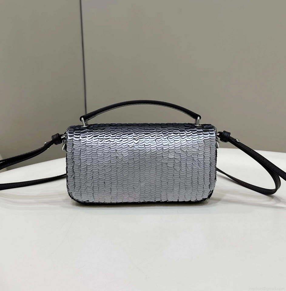 Fendi 8BS017 Mini Baguette Silver sequin and leather bag 8601s