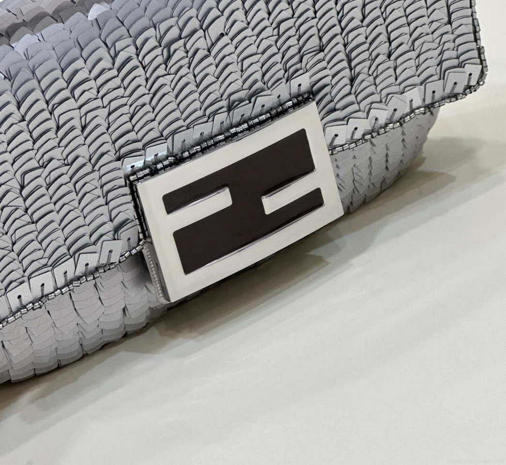 Fendi 8BS017 Mini Baguette Silver sequin and leather bag 8601s