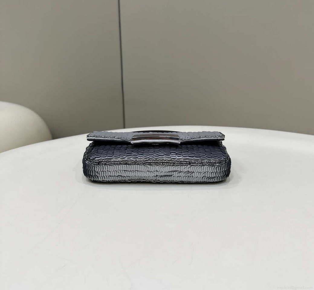 Fendi 8BS017 Mini Baguette Silver sequin and leather bag 8601s