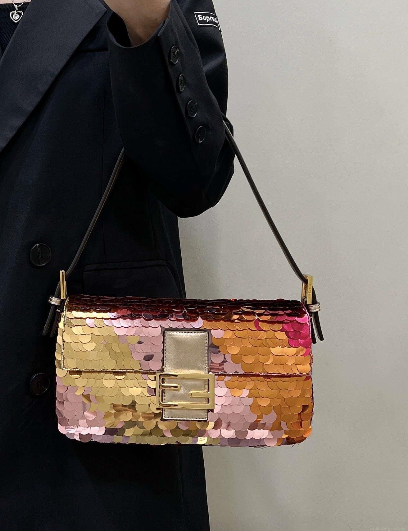 Fendi 8BR600 Medium Baguette Pink and Gold sequin and leather bag 8582