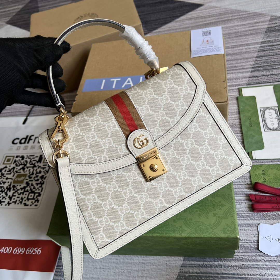 Gucci ‎‎651055 Ophidia GG Small Top Handle Bag Beige and white