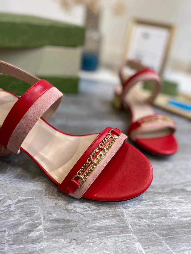 Gucci 655409 Women’s Sandal With Chain-Shaped Heel Leather Red