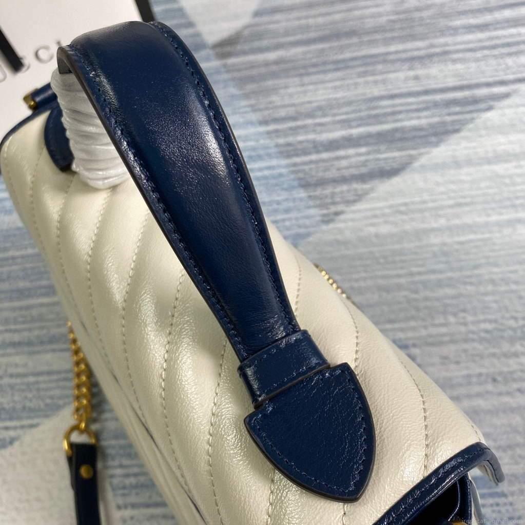 Gucci 498110 GG Marmont Small Top Handle Bag White and Navy Blue