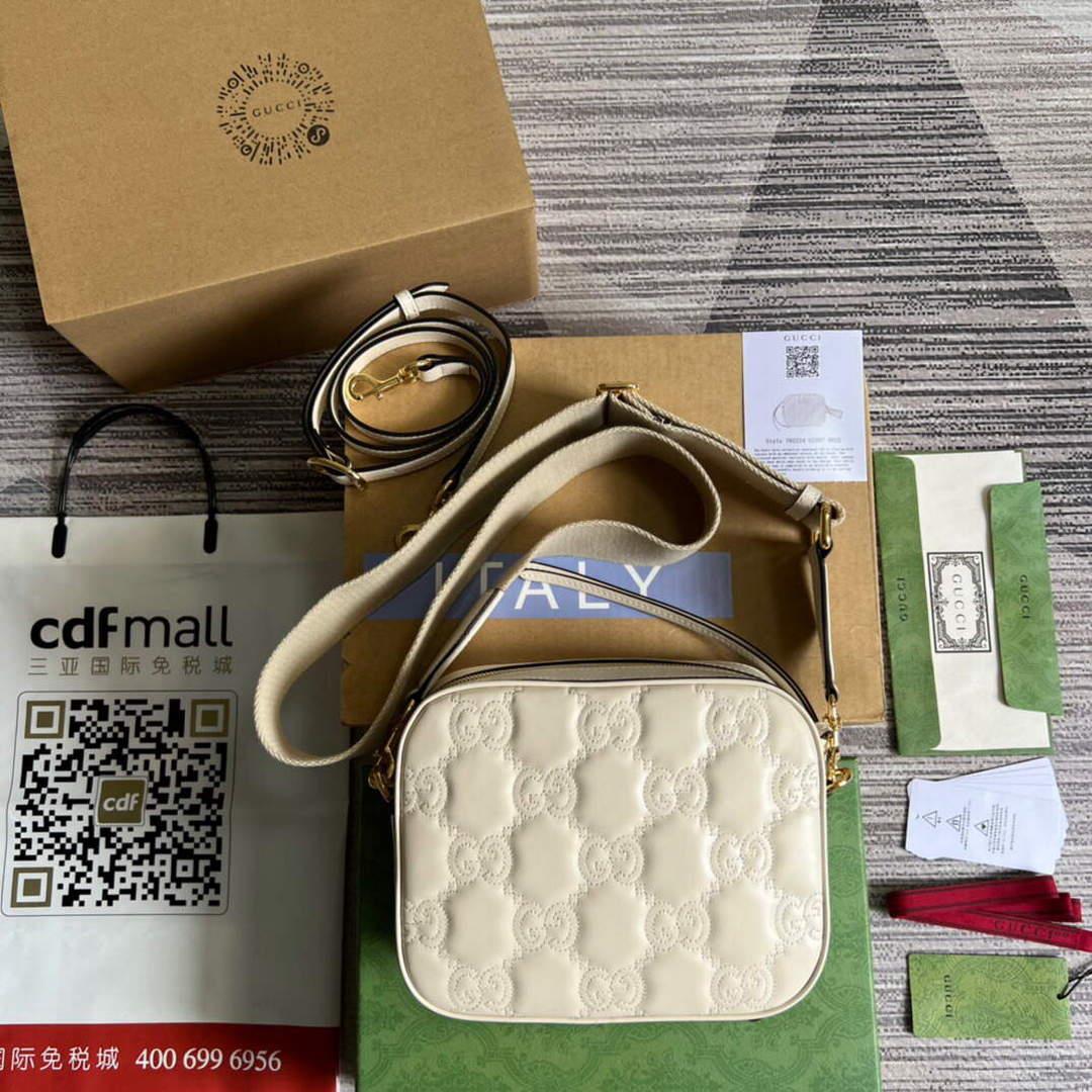 Gucci 702234 GG Matelassé Leather Shoulder Handbag White