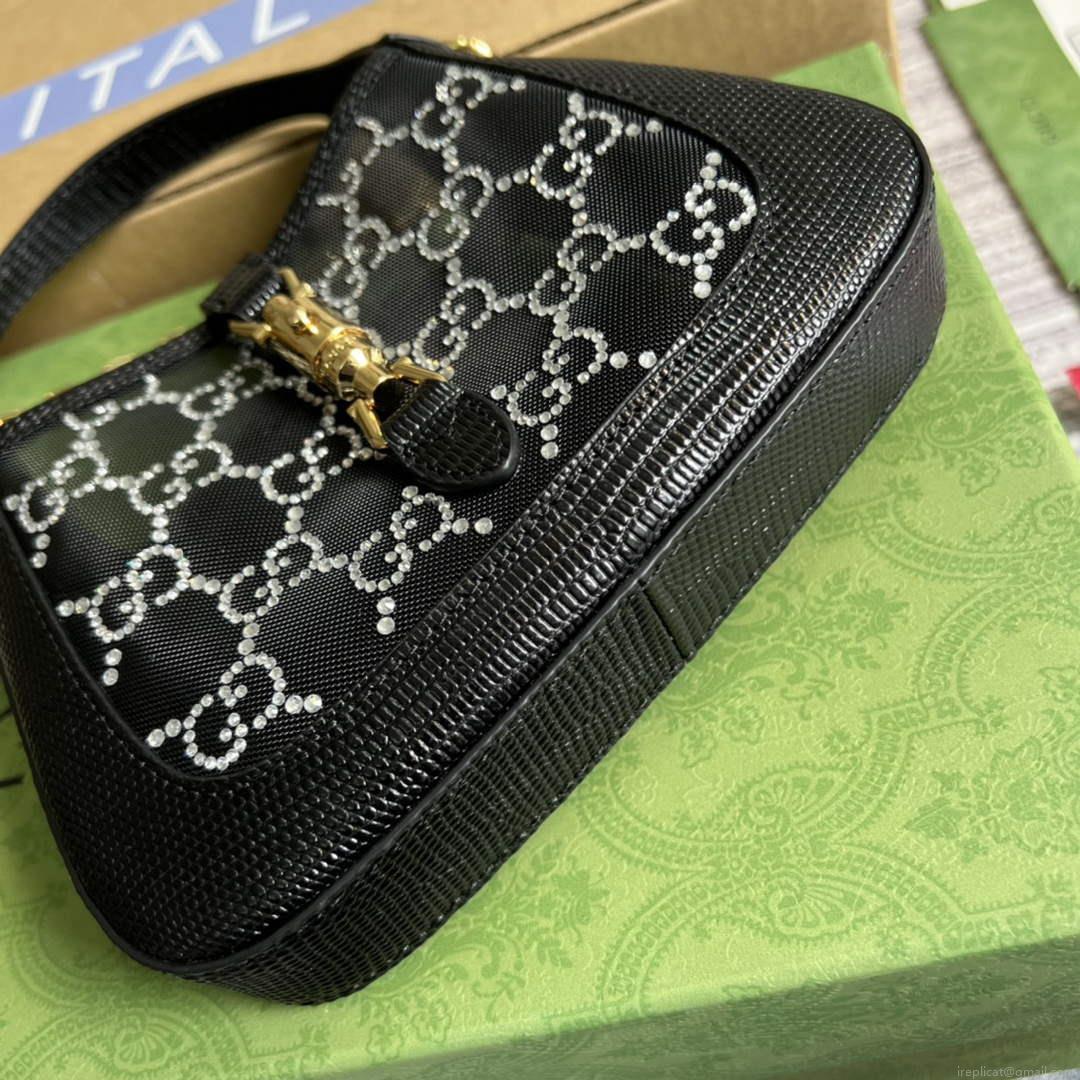 Gucci 677027 Jackie 1961 Mini Crystal GG lizard bag Black