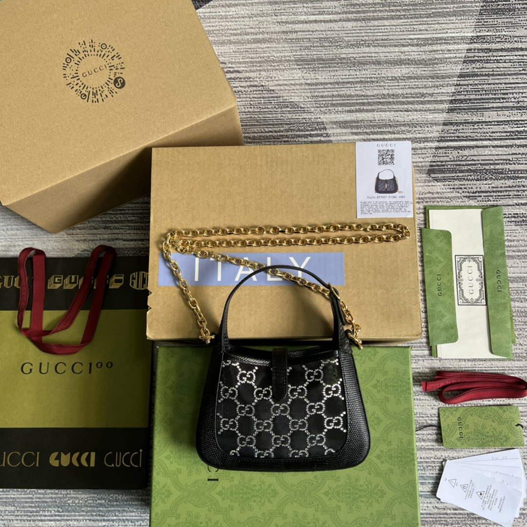 Gucci 677027 Jackie 1961 Mini Crystal GG lizard bag Black