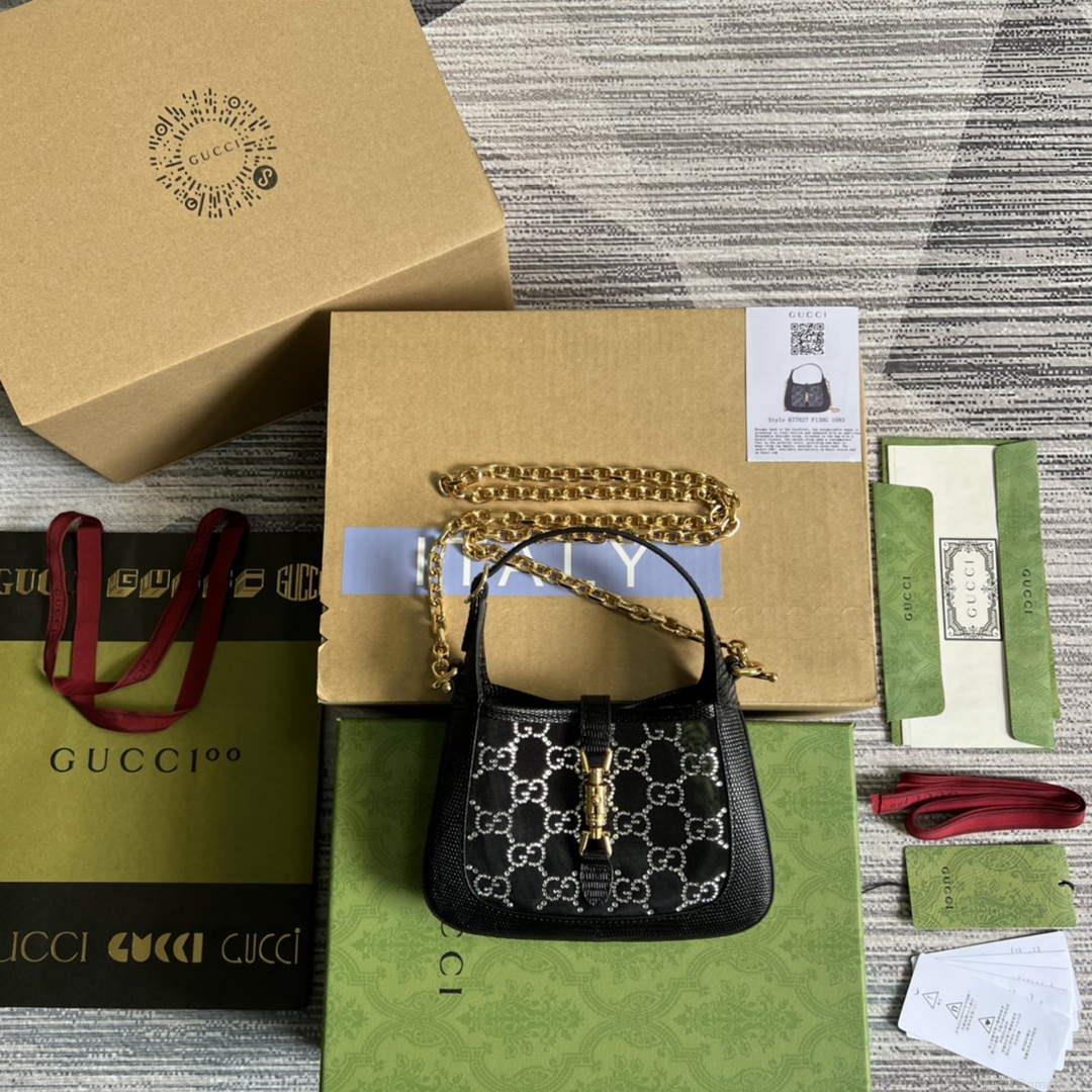 Gucci 677027 Jackie 1961 Mini Crystal GG lizard bag Black