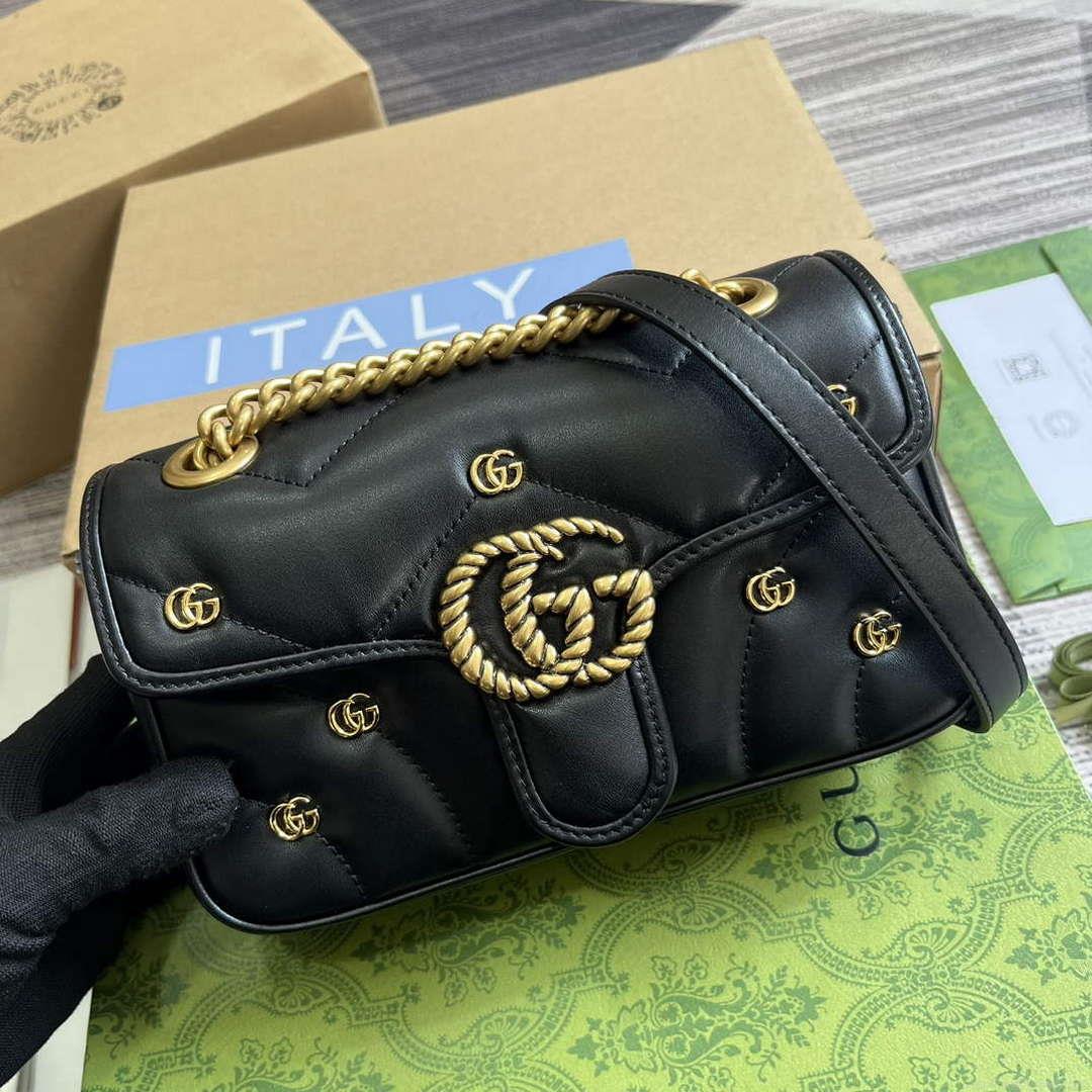 Gucci 446744 GG Marmont Mini Shoulder Bag Double G Studs Black