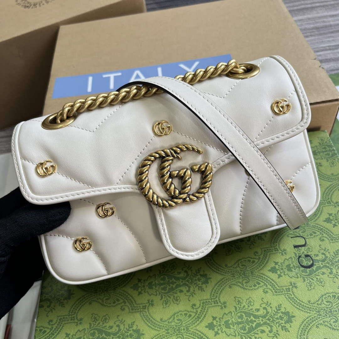 Gucci 446744 GG Marmont Mini Shoulder Bag Double G Studs White