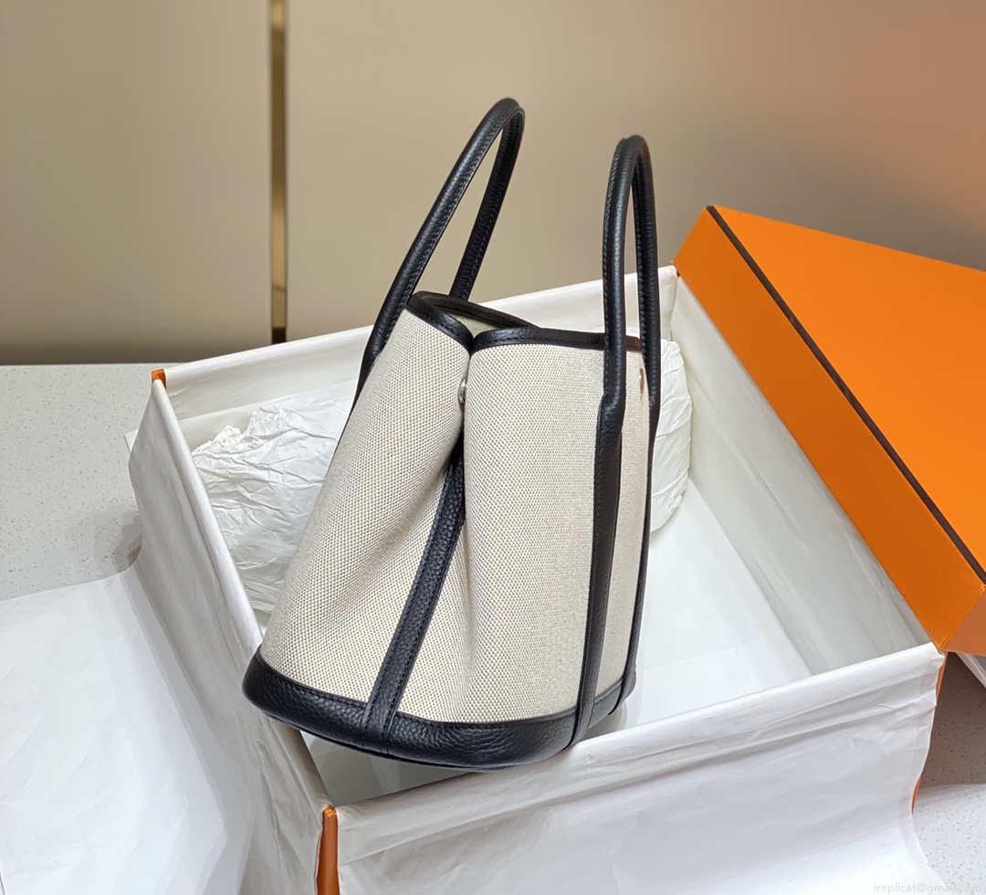 Hermes Beige Canvas and Black leather Garden Party 30cm Bag H239051