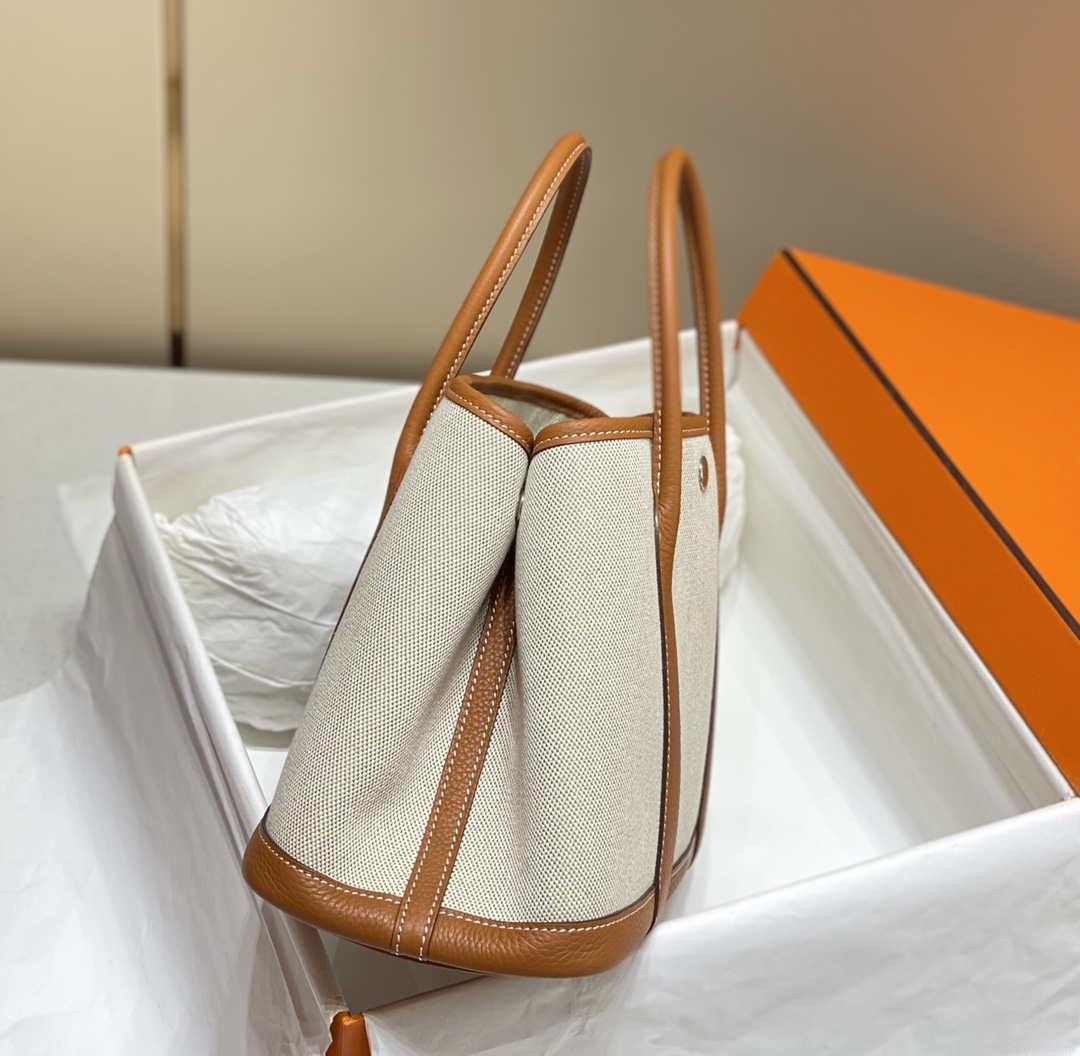 Hermes Beige Canvas and Brown leather Garden Party 30cm Bag H239052