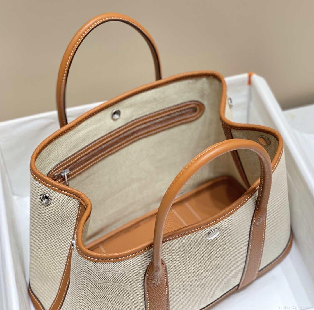 Hermes Beige Canvas and Brown leather Garden Party 30cm Bag H239052