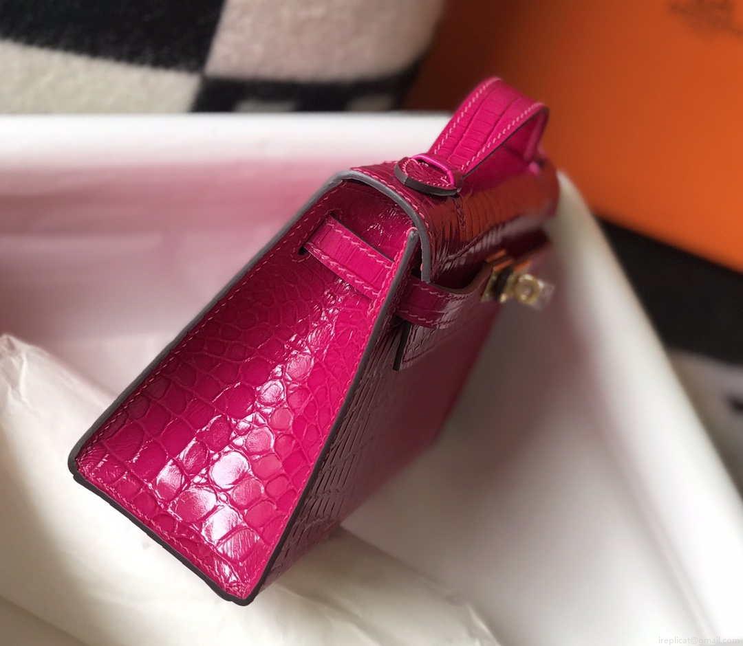Hermes Mini Kelly Pouchette Crocodile Leather H230236 Rose Red