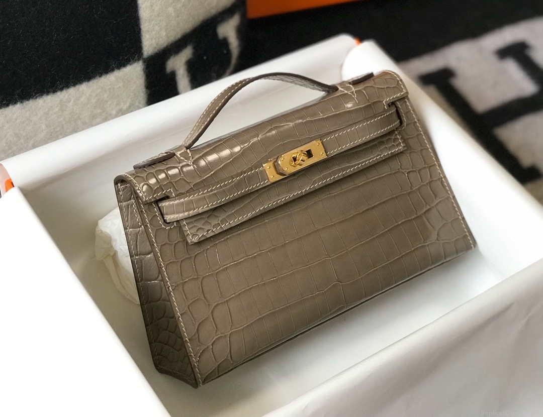 Hermes Mini Kelly Pouchette Crocodile Leather H230237 Oragano