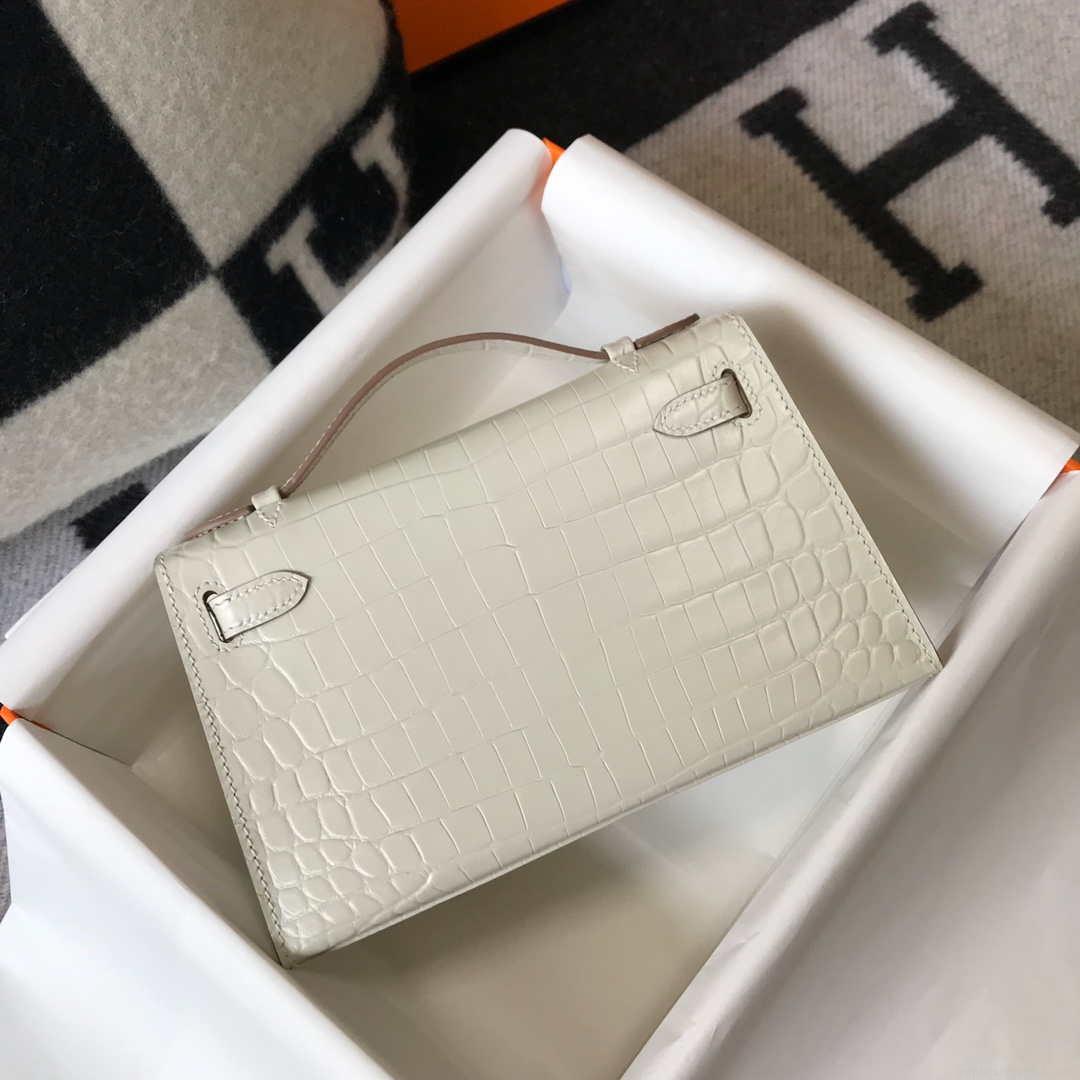 Hermes Mini Kelly Pouchette Crocodile Leather H230239 White