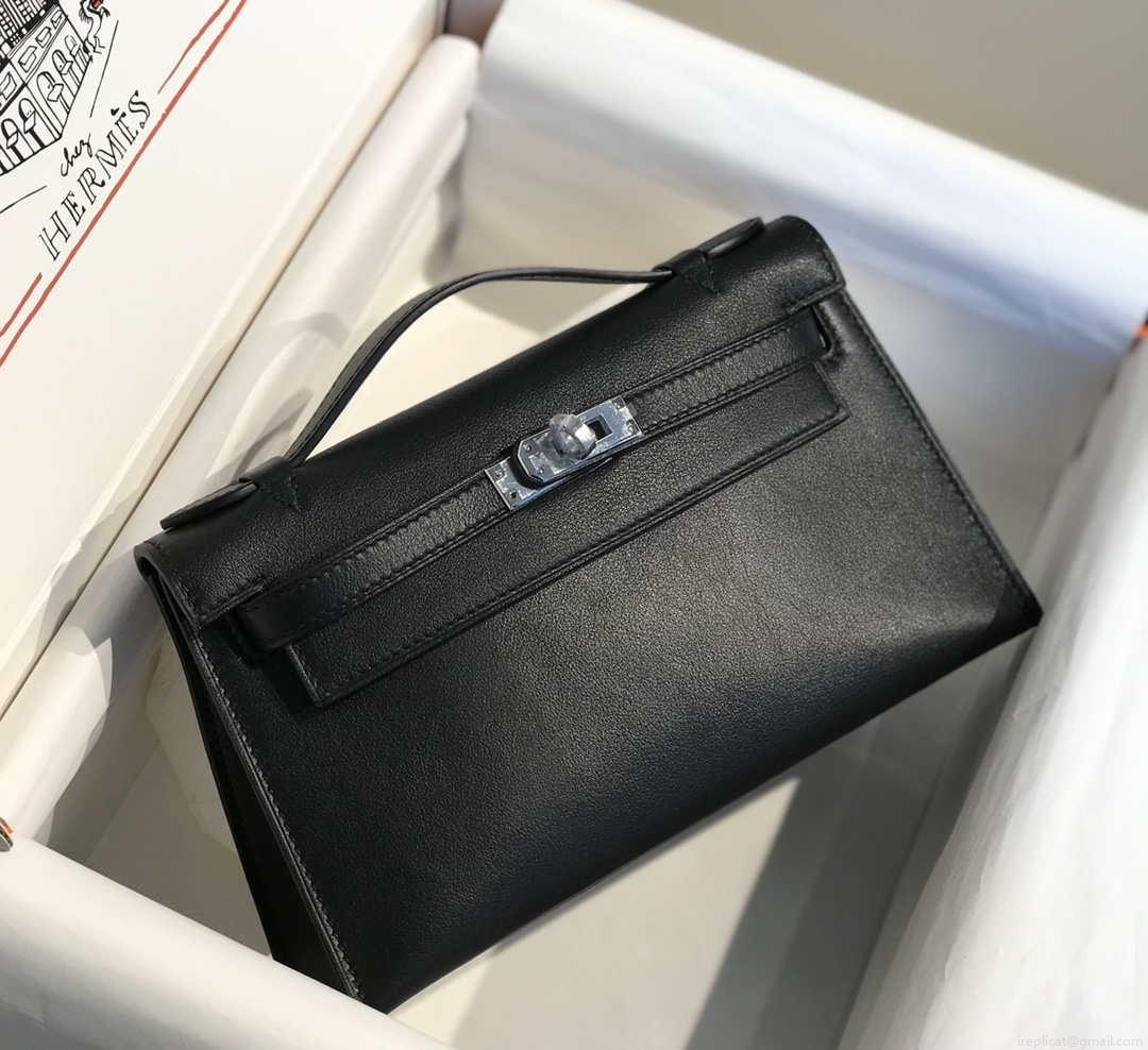 Hermes Kelly Pouchette Swift Leather clutch bag Silver H230258