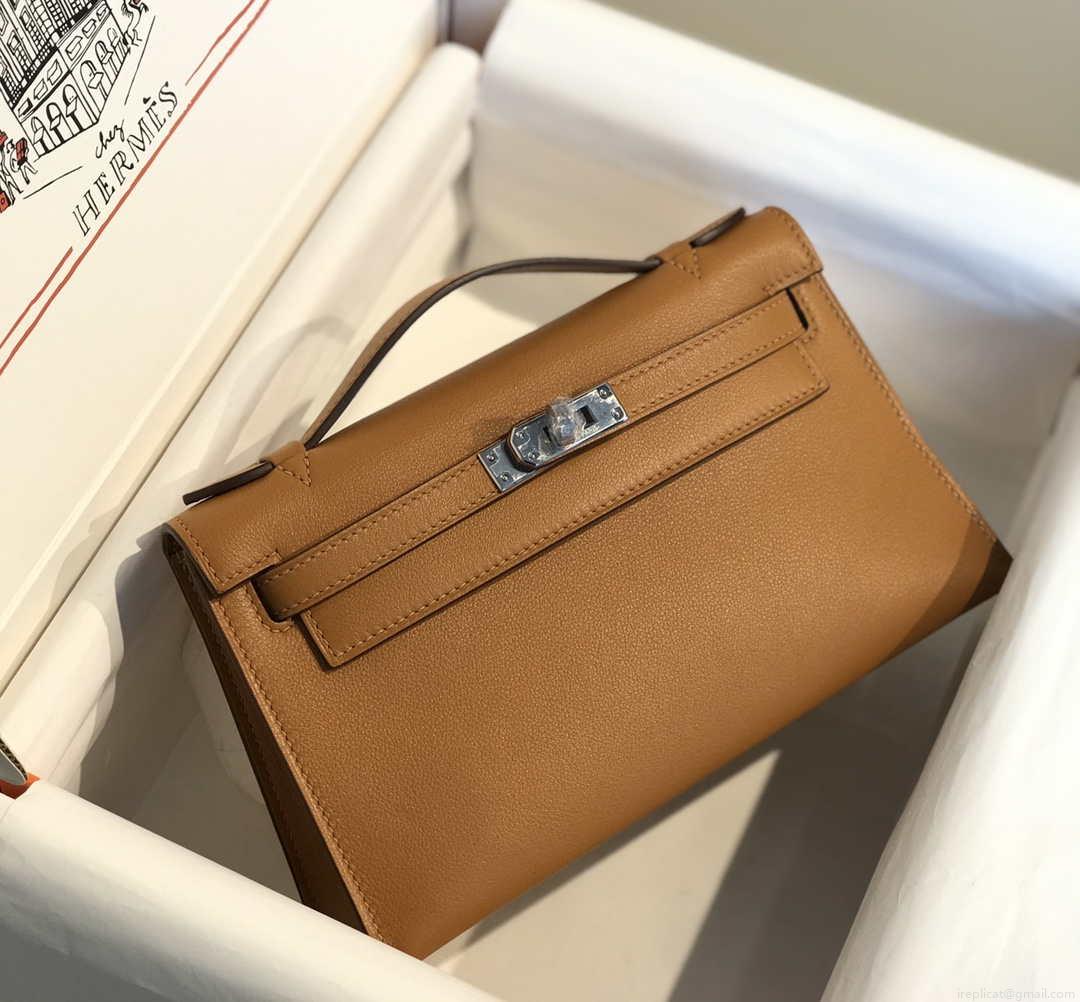 Hermes Kelly Pouchette Swift Leather clutch bag Silver H230264