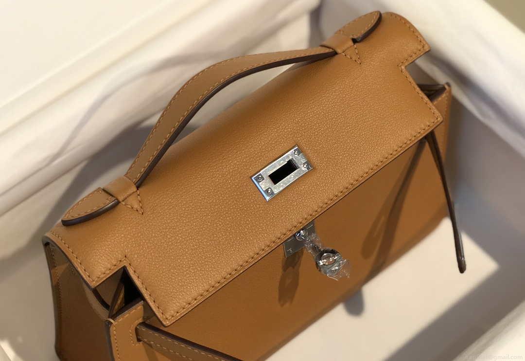 Hermes Kelly Pouchette Swift Leather clutch bag Silver H230264