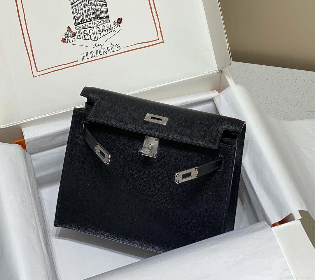 Hermes Evercolor Kelly Danse II 22cm Leather Crossbody Bag H20371 Black Silver