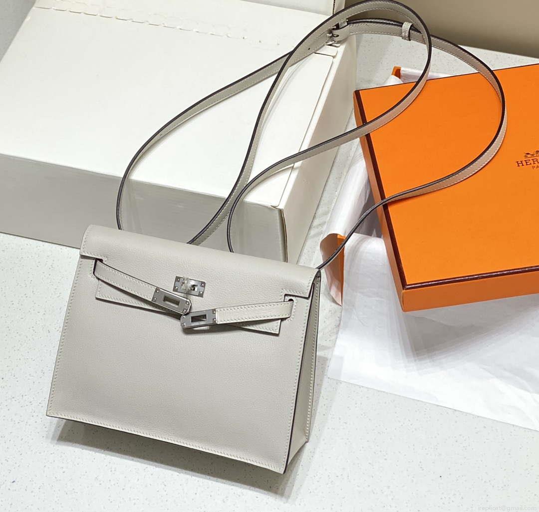 Hermes Evercolor Kelly Danse II 22cm Leather Crossbody Bag H20373 Light Gray Silver