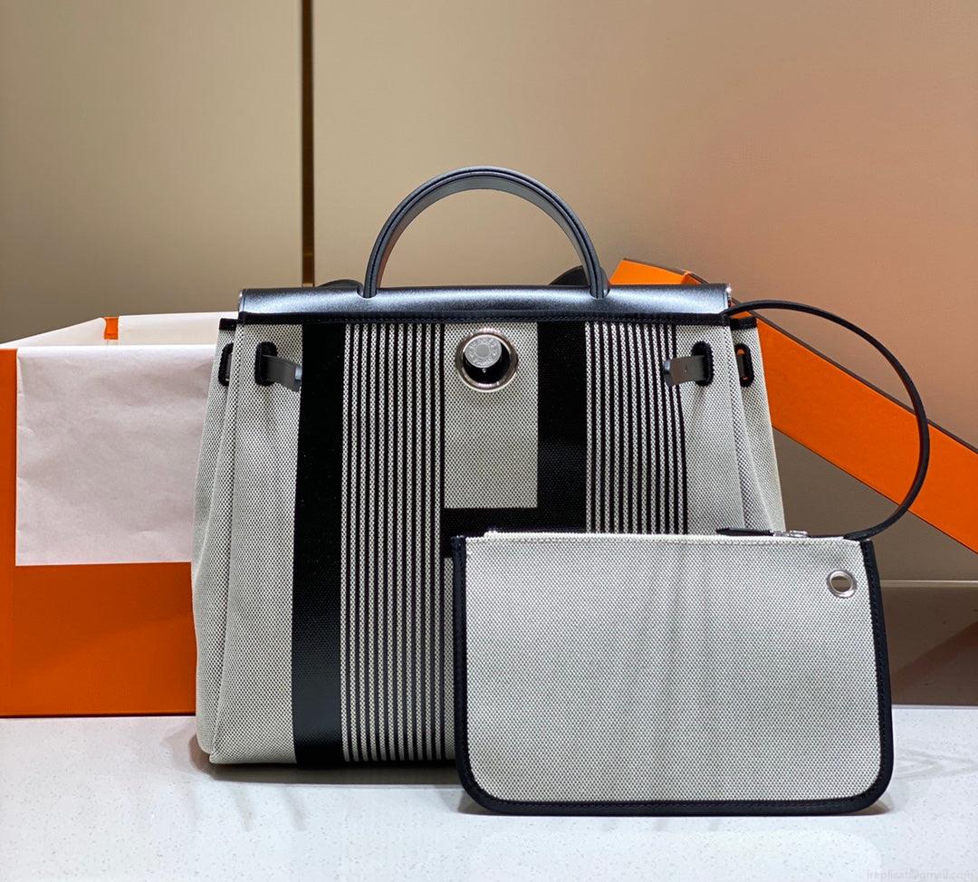 Hermes H084076CKAD Herbag Zip 31 Bag in Black Hunter Leather and Canvas H60047