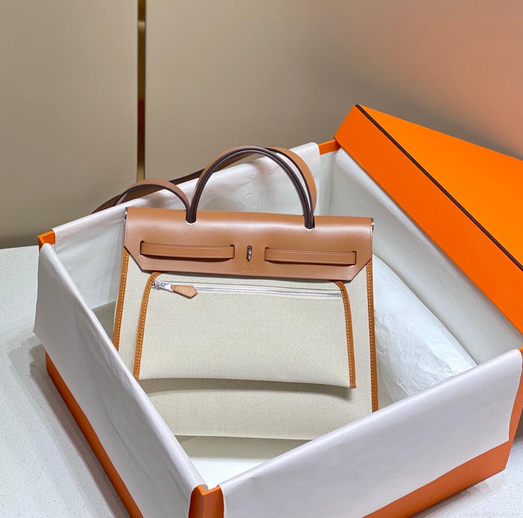 Hermes H084076CKAD Herbag Zip 31 Bag in Brown Hunter Leather and Canvas H60049