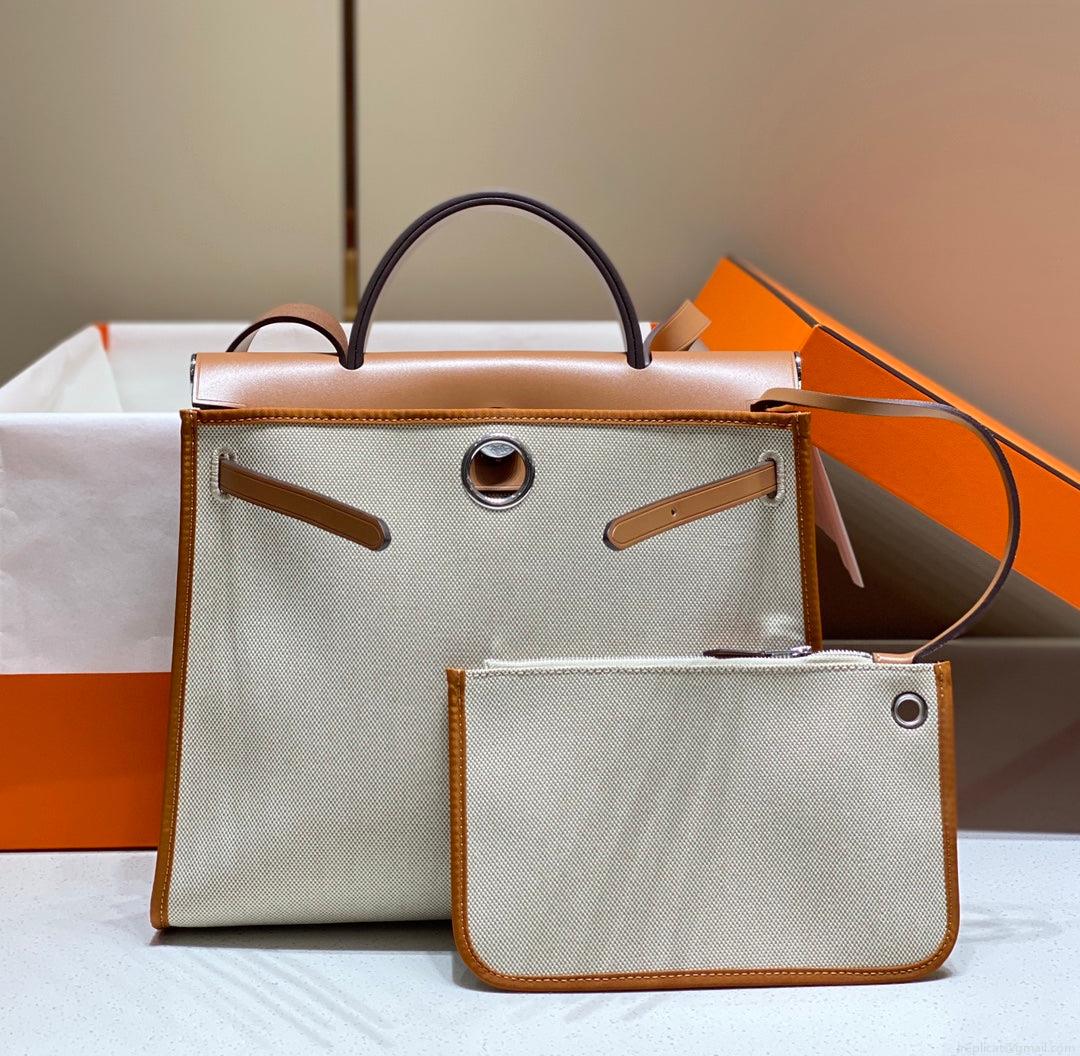 Hermes H084076CKAD Herbag Zip 31 Bag in Brown Hunter Leather and Canvas H60049