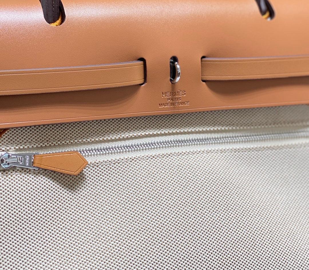 Hermes H084076CKAD Herbag Zip 31 Bag in Brown Hunter Leather and Canvas H60049