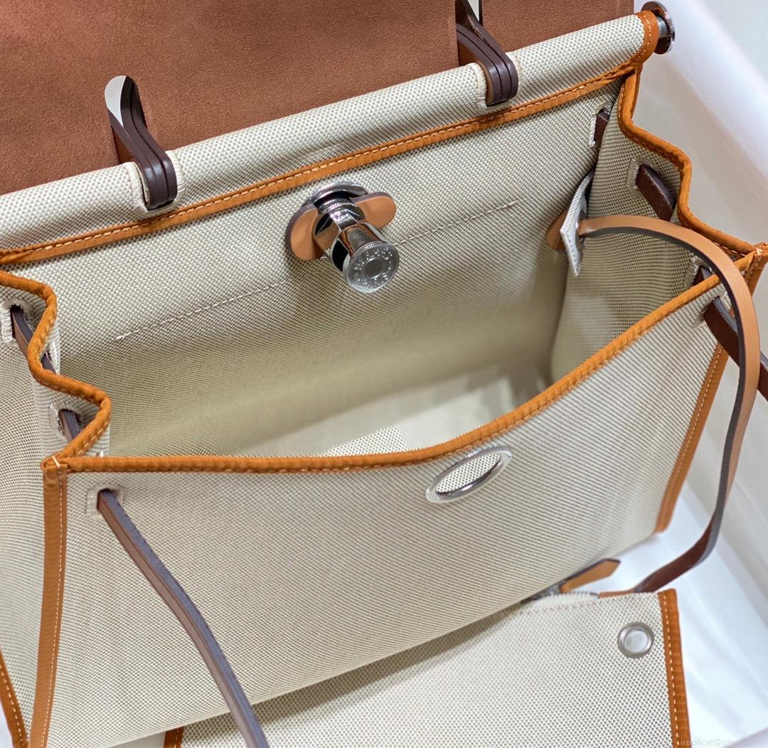 Hermes H084076CKAD Herbag Zip 31 Bag in Brown Hunter Leather and Canvas H60049